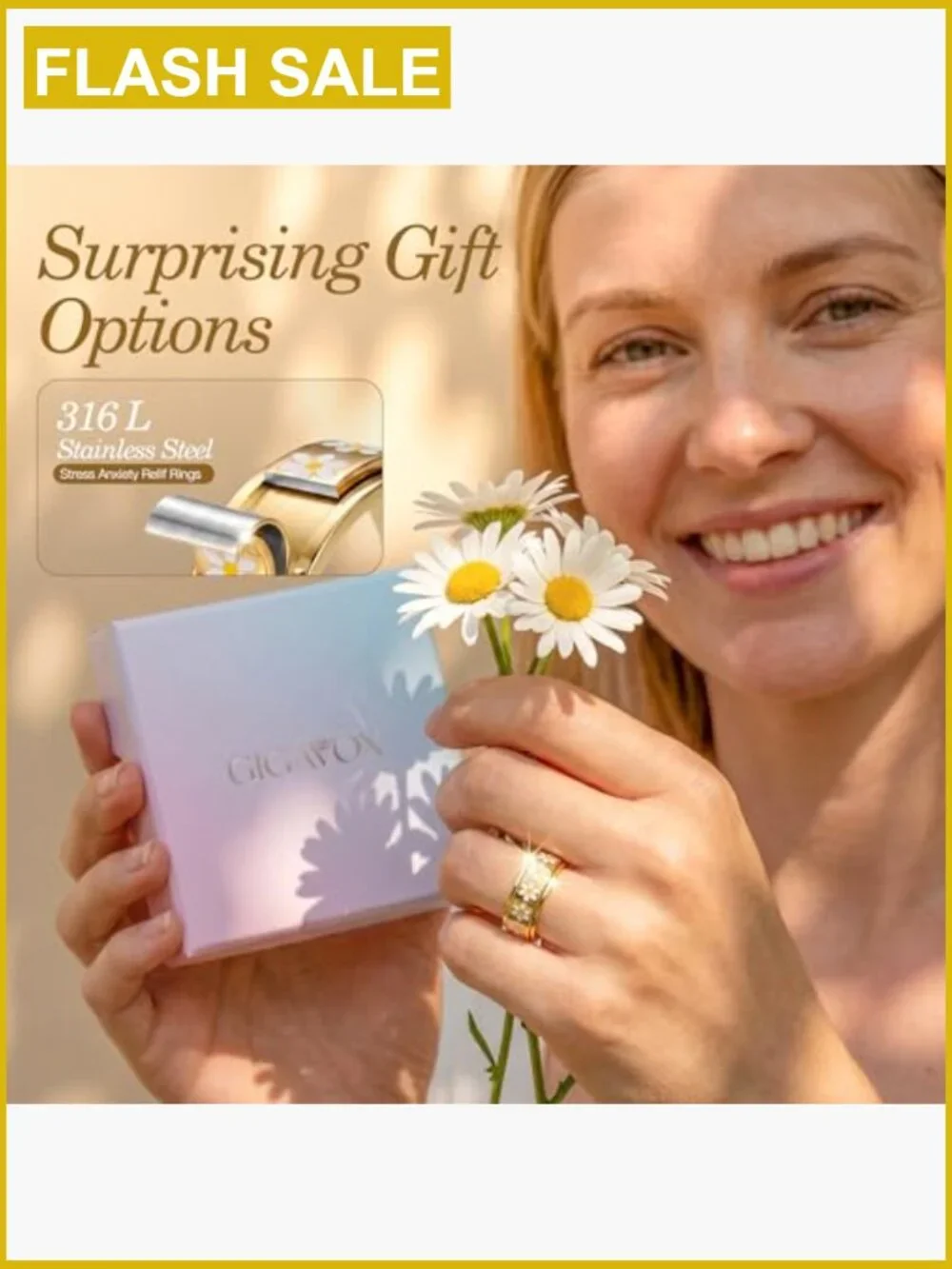 Daisy Fidget Ring Anxiety Relief Spinner Band 18K Gold Plated Stainless Steel